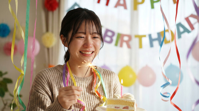 Emotional Japanese woman smiling through happy tears holding birthday cake with sparkler in festive decorated room