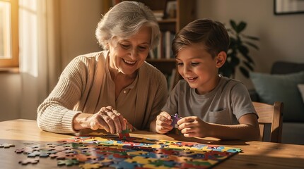 Fototapeta premium Smiling senior grandmother and her young grandson assembling a colorful puzzle at a wooden table, portraying heartwarming family generation connection