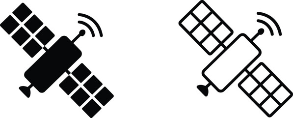 Satellite communication icon set with solid black and outline space orbit global network signal symbol collection © Rezia