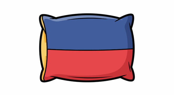 A cartoon-style illustration of a square pillow with a blue top half and red bottom half