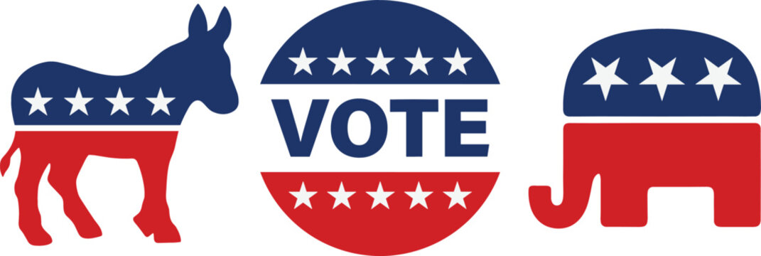 American Election Vote Icon Set with Democratic Party Symbols Donkey Elephant and Patriotic Voting Badge Vector Collection