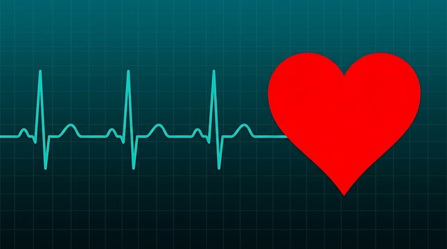 A red heart symbol next to a teal electrocardiogram reading on a dark teal background with a grid pattern
