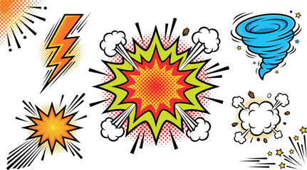 Comic Book Explosion and Pop Art Vector Special Effects Set with Lightning Bolt, Tornado, Halftone Bursts, Smoke Clouds, and Stars © Shareful