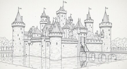 Fototapeta premium Detailed black-and-white sketch of a medieval castle surrounded by moat