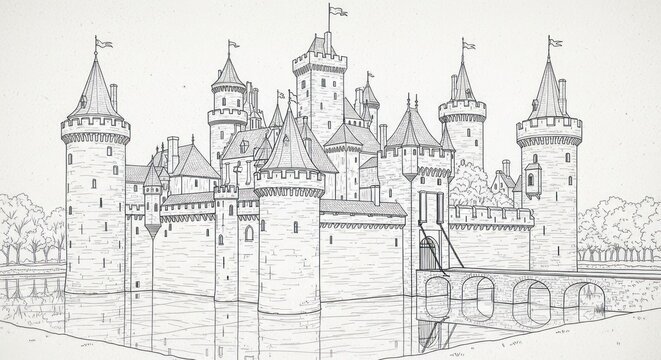 Detailed black-and-white sketch of a medieval castle surrounded by moat