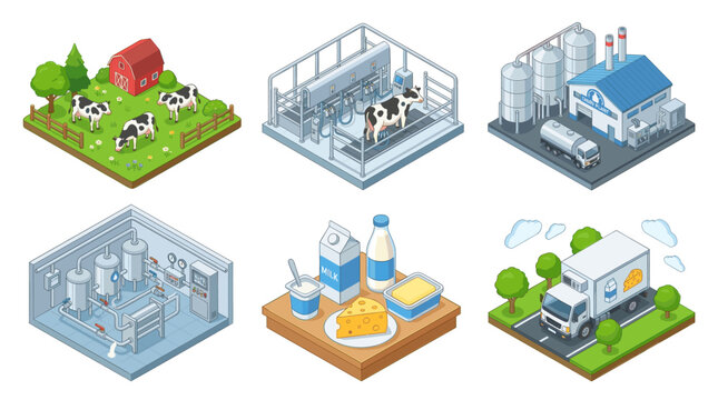 Dairy Production and Milk Processing Isometric Vector Set