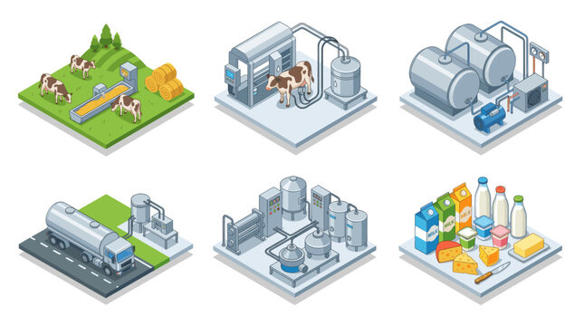 Dairy Production and Milk Processing Isometric Vector Set