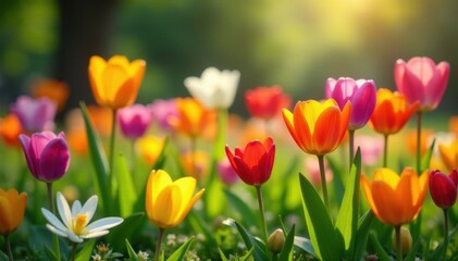 Obraz premium Colorful krokusse flowers blooming in a sunny garden, hourly bloom, krokusser