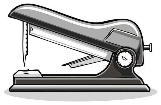 Illustration of a gray office stapler with open head and needle ready to staple.