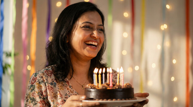 Happy Indian woman holding chocolate birthday cake with lit candles festive indoor home background warm string lights
