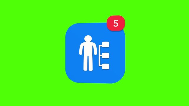 A 3D personal user silhouette standing next to a vertical category file sharing branch menu notification icon popping up and rotating on a green screen chroma key background with a red number counter 