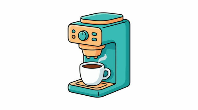 A cartoon-style illustration of a teal and orange coffee maker with a white cup