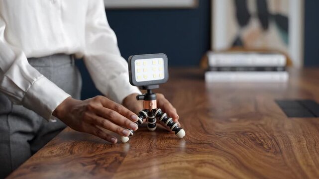 Close-Up of a Luxurious Wooden Desk with a Compact Light Stand, Showcasing the Elegant Grain of the Surface and Minimalistic Office Decor Elements