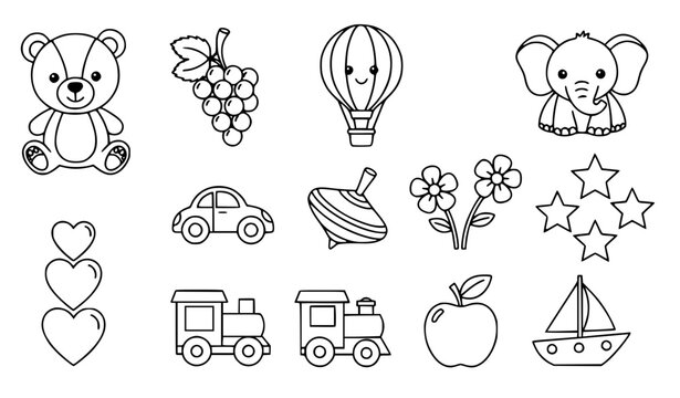 Monochrome outline coloring book illustrations with editable line art vector collection