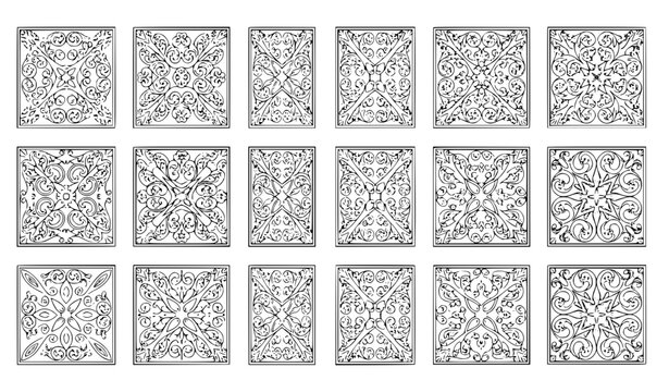 Monochrome Spanish Portuguese azulejo tile collection with seamless ornamental patterns vector set