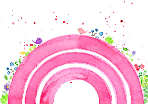 Pink watercolor rainbow with birds and flowers on white background