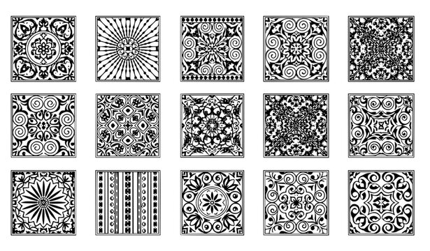 Black and white azulejo tile pattern set with Spanish and Portuguese ornamental seamless vector illustration