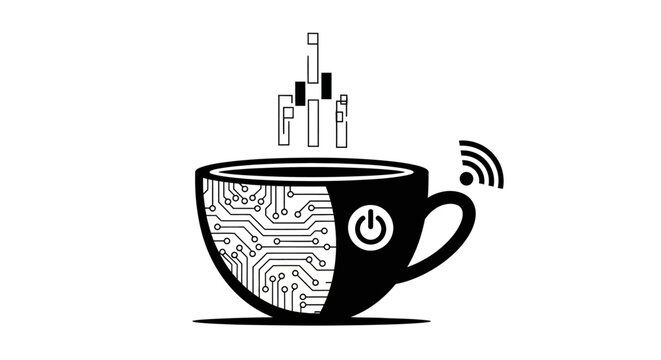 Digital Coffee Cup with Circuit Board, Binary Code Steam, and WiFi Symbol. Modern Technology and Internet Connectivity Concept.