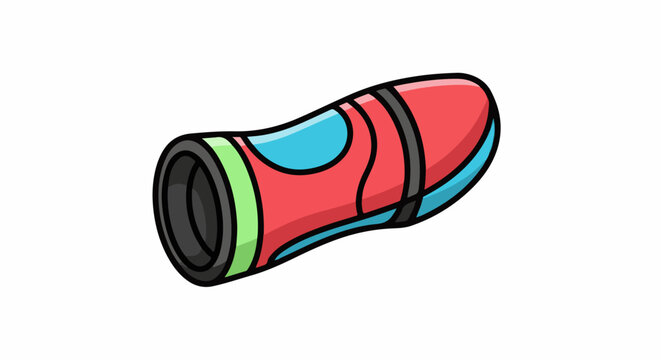 A cartoonish illustration of a red and blue flashlight with black accents