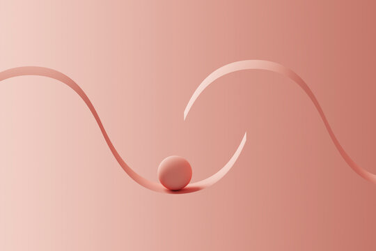 Three dimensional render of orange sphere rolling down orange ribbon