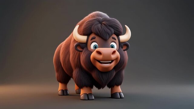 Adorable cartoon bison character standing still in studio lighting with a subtle camera zoom out effect