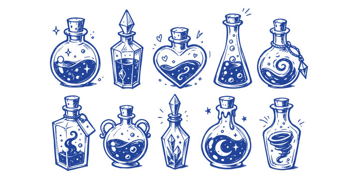 magic potion bottle and alchemy elixir elements fantasy doodle icon set vector illustration