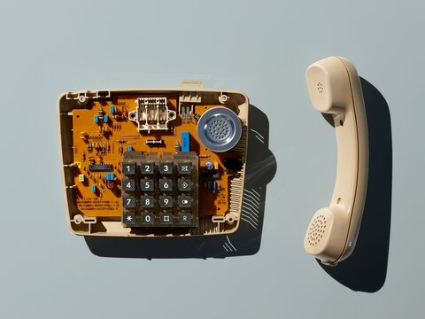 Disassembled vintage telephone showing interior circuit board
