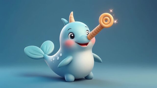 Adorable cartoon narwhal playfully twirls a lollipop in a clean studio setting with soft lighting
