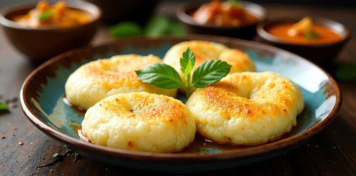 idli with steaming hot sambar and a side of spicy chutney, breakfast dish, steamed rice