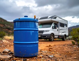 Obraz premium Blue Barrel in Desert Landscape with RV Camper Under Dramatic Cloudy Sky