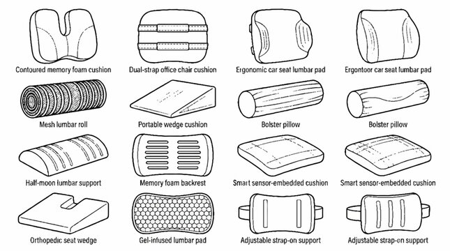 Collection of ergonomic orthopedic cushions and lumbar support pillows line art icons.
