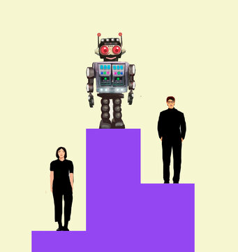 Robot winning first place on podium against human competition