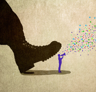 Illustration of large boot looming over person speaking on megaphone