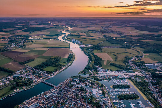 France, Saint Jean de Losne, Aerial view of marina at dusk