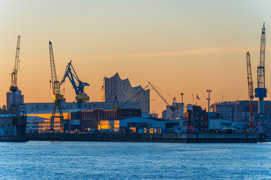 Hamburg harbor skyline with Elbphilharmonie at dawn