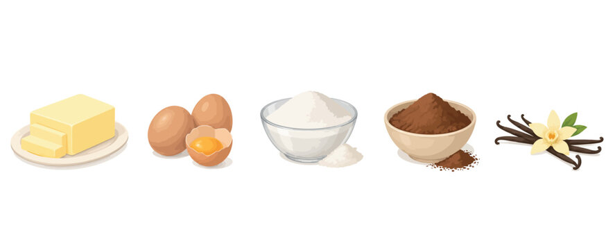 Vsai baking ingredients for sweet recipe including butter eggs sugar flour cocoa vanilla