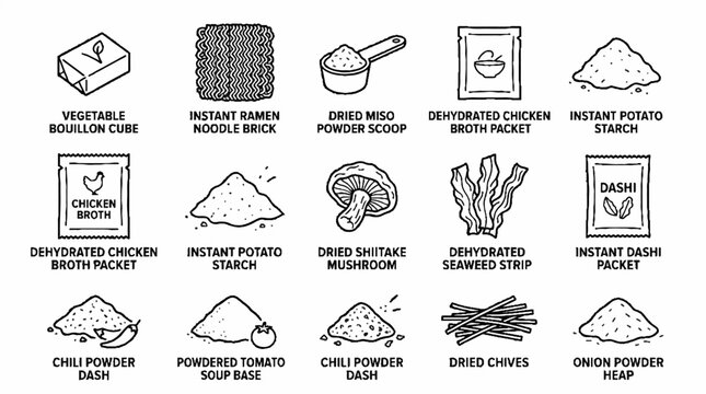 Collection of hand drawn instant food ingredients and dehydrated pantry staples icons.