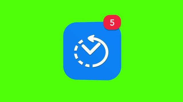 A 3D reverse timer clock dial with an arrow spinning counter clockwise backward time notification icon popping up and rotating on a green screen chroma key background with a red number counter animati