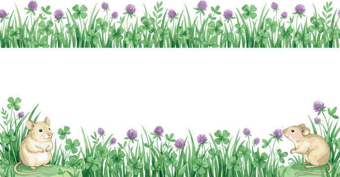 Cute Field Mice in Clover Grass Meadow Seamless Border Vector Illustration with Blooming Purple Clover Flowers for Kids Fabric and Wallpaper Designs