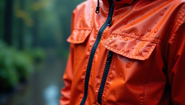 Raindrops falling on a waterproof jacket with zippers and pocket fasteners , precipitation, raincoat