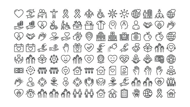 Line icons of people helping each other and charitable giving and health and love and earth  charity and donation and healthcare concepts
