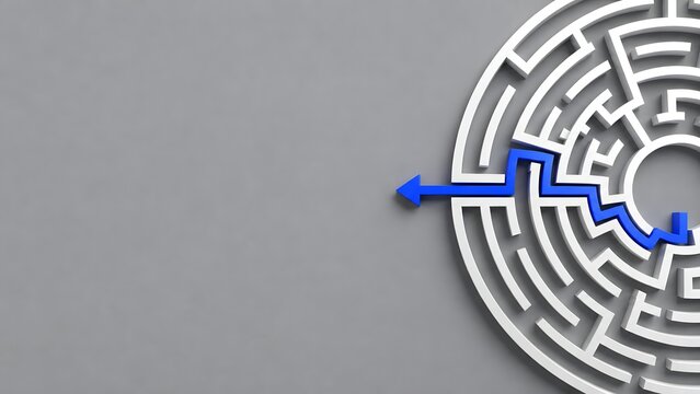Blue arrow finding exit path from a circular maze on grey background symbolizing business strategy and problem solving concept
