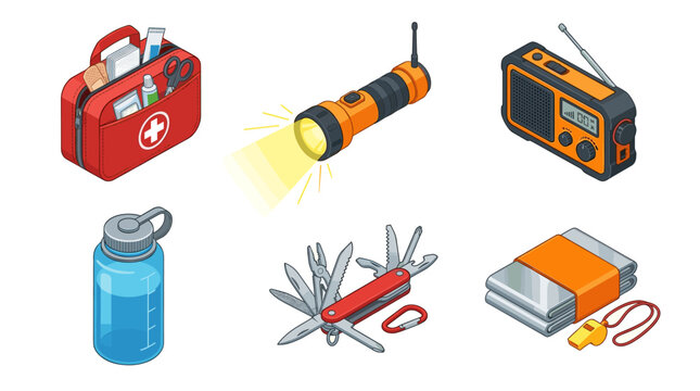 Emergency Kit and Survival Tools Isometric Vector Set
