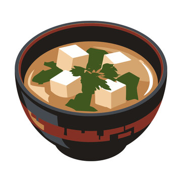Flat illustration of miso soup with tofu and seaweed