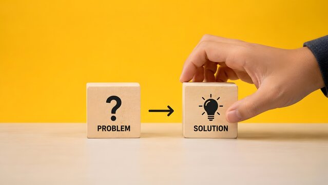 Hand placing wooden solution block next to problem block on yellow background symbolizing proactive business management, consulting and creative strategy