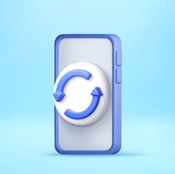 Smartphone with refresh icon. 3d vector illustration of mobile phone showing reload symbol. Digital device screen interface update process and system synchronization concept.