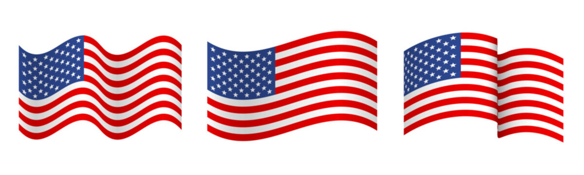 Three United states flags, usa symbol, wavy shape flag icon