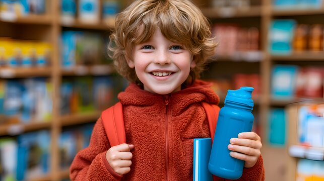 Happy young boy with backpack, water bottle, and book, ready for school in a cheerful setting