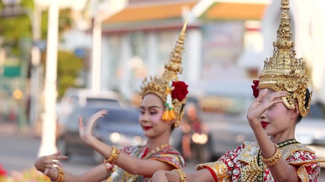 Traditional Thai Dancers Performing Classical Khon Dance in Bangkok Street