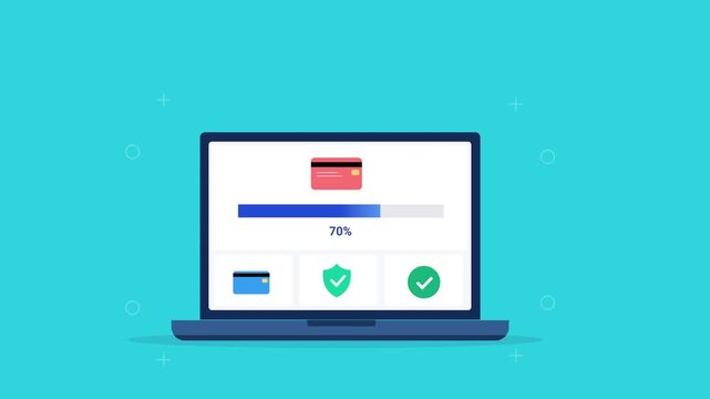 Modern flat vector animation of a laptop displaying a payment dashboard with credit card, security status, and progress bar. Ideal for online payments, fintech, software, and web technology projects.
